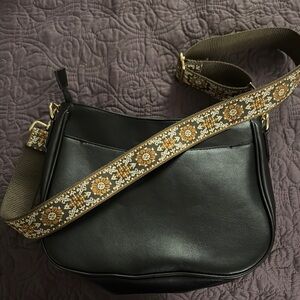 Black Crossbody Bag with Patterned Strap